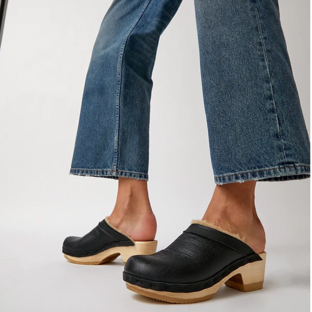 No.6 Dakota Shearling Clog on Mid Heel in Ink Aviator -- SIZE 39